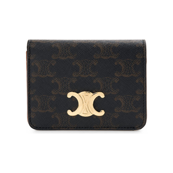 CELINE Women’s Compact Bifold Wallet Tan Leather Gold-Tone Hardware