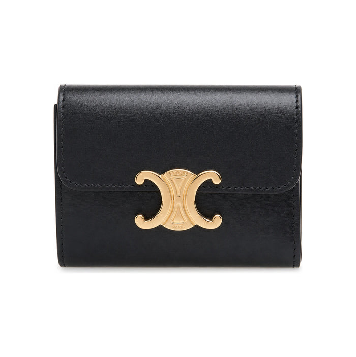 CELINE Triomphe Compact Wallet for Women Black Leather