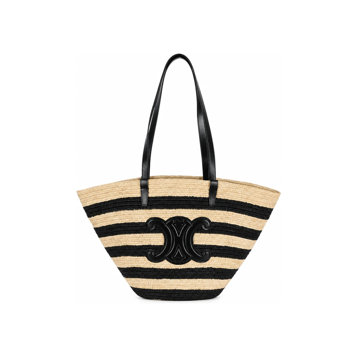 CELINE Stripe Coffin Classic Panier Raffia Calfskin Tote Natural 117082FWD 02NC