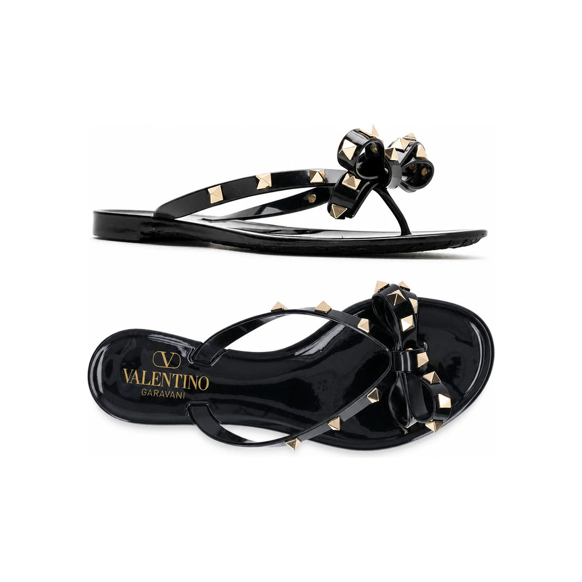 VALENTINO Gold Rockstud Flip Flop Sandals Black 6W2S0552 PVS 0NO
