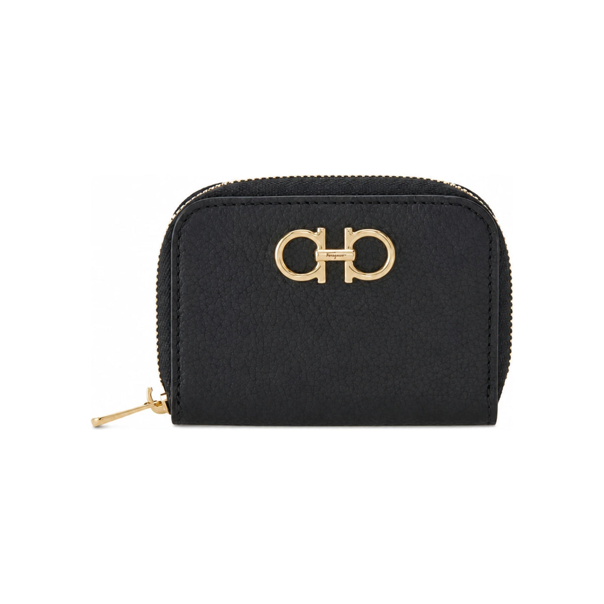 Ferragamo Gancini Zip Card Holder Leather Unisex Black Wallet