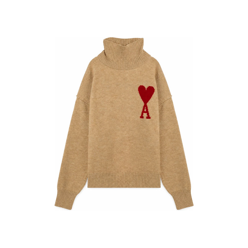 AMI Camel Big Heart Logo Turtleneck Knit Sweater UKS406 018 289