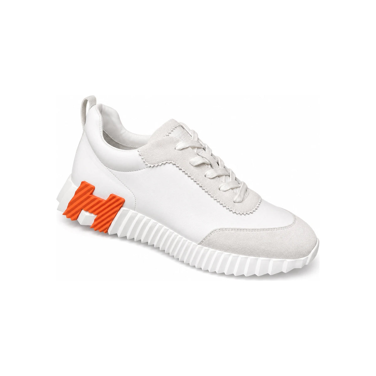 HERMES Men’s Bouncing Sneakers Calf Goatskin Suede White Orange