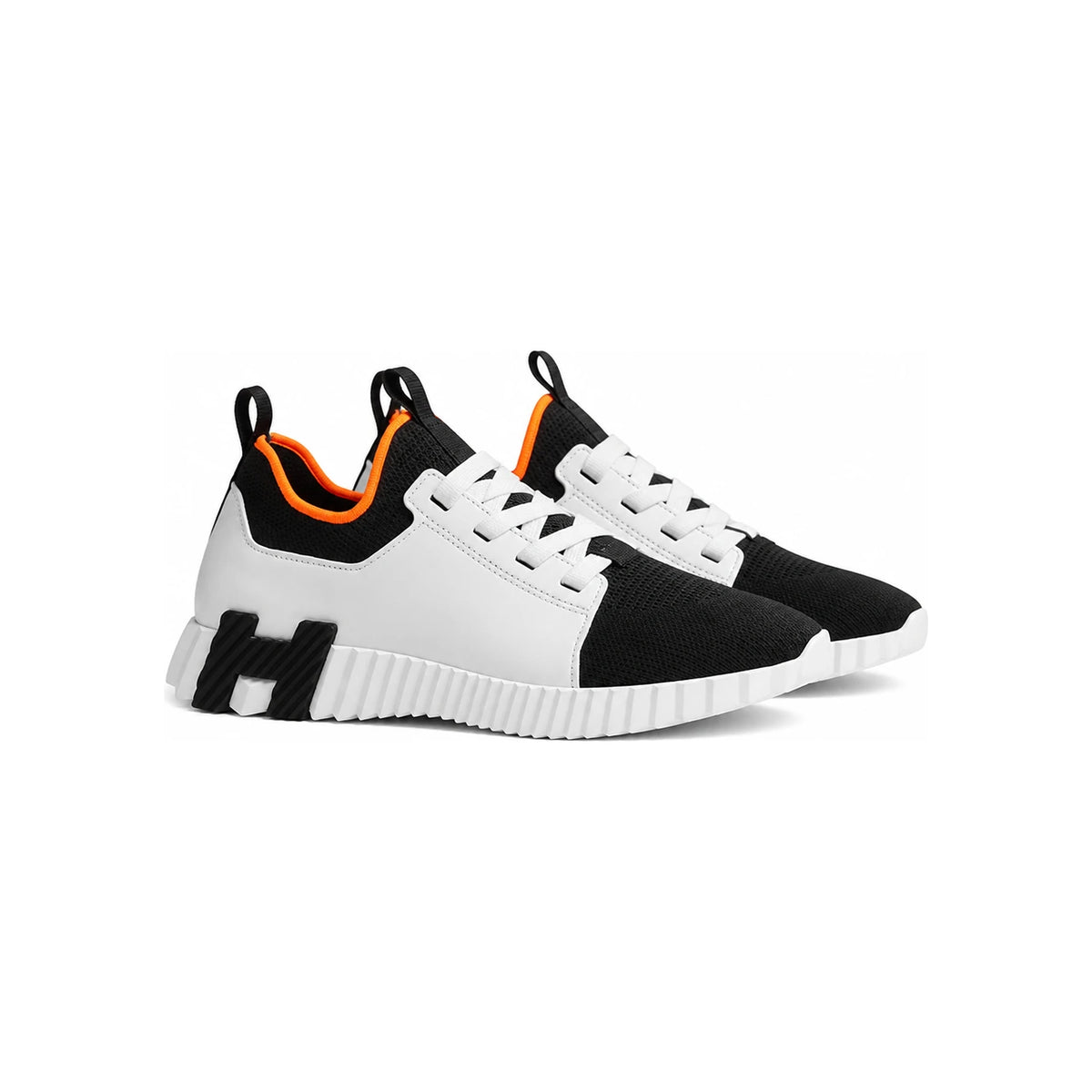 HERMES Men’s Depart Sneakers Knit Calfskin Black H Black Orange Low Top