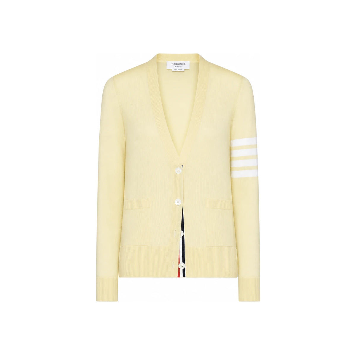 THOM BROWNE Beige Diagonal Stripe V-Neck Wool Cardigan