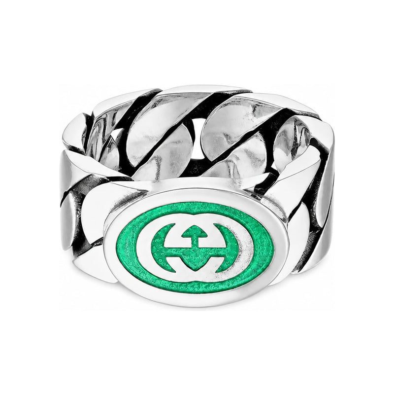 GUCCI Interlocking G Enamel 10mm Silver Ring Unisex
