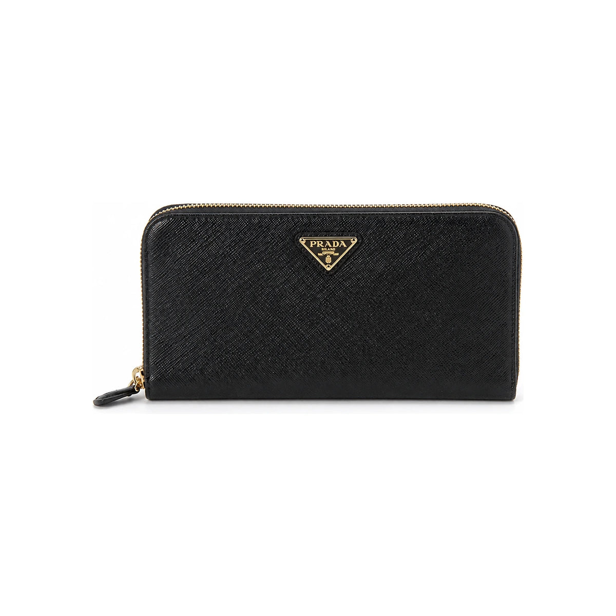 PRADA Black Saffiano Leather Long Wallet Gold Triangle Logo Women