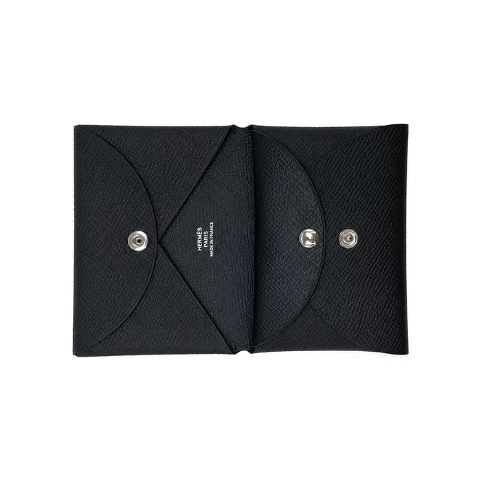 HERMES Calvi Duo Card Wallet Epsom Leather Palladium Noir