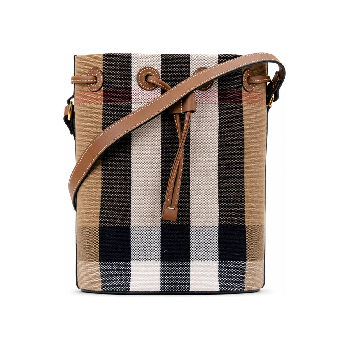 BURBERRY Check Canvas Small Bucket Crossbody Bag Taupe Brown