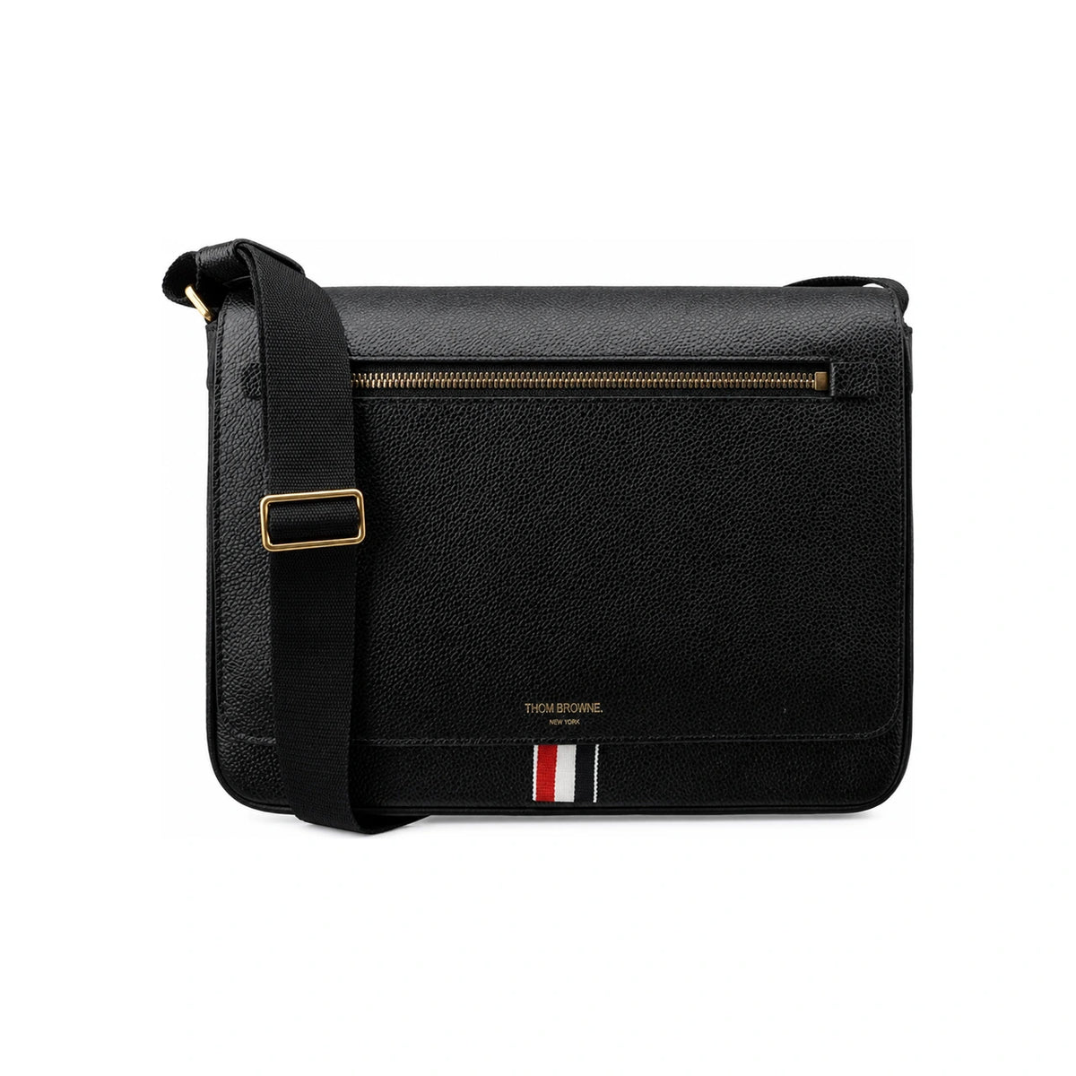 THOM BROWNE Pebble Leather Tricolor Stripe Crossbody Bag Black