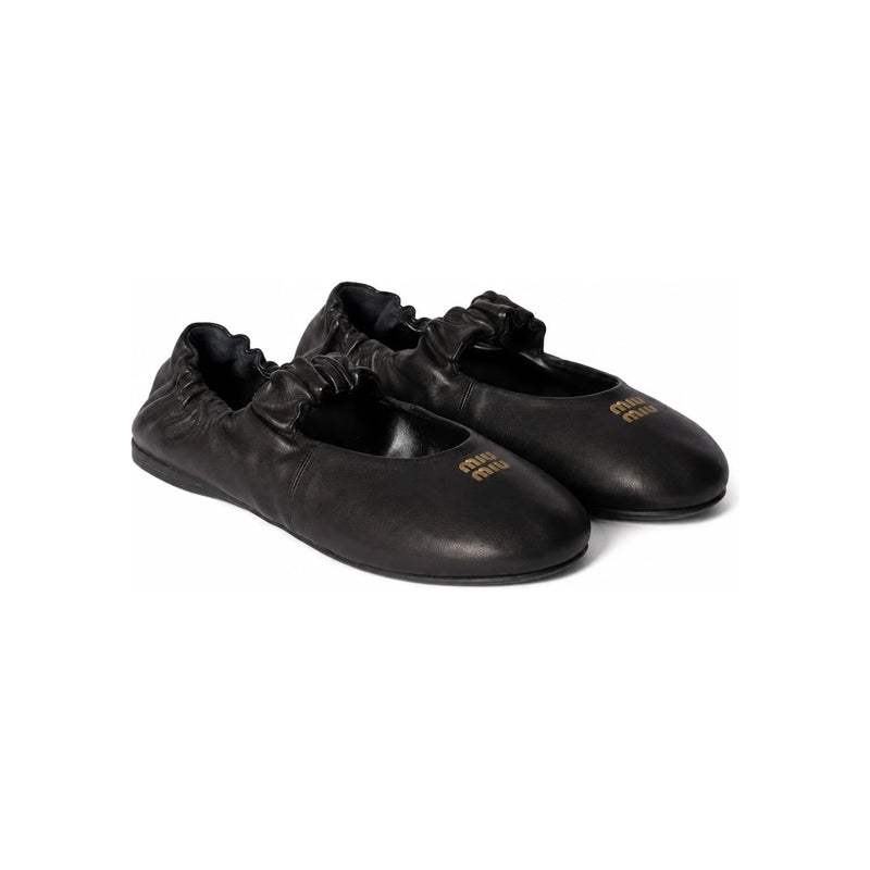 Miu Miu Ruche Nappa Leather Ballerina Flat Shoes Black Women
