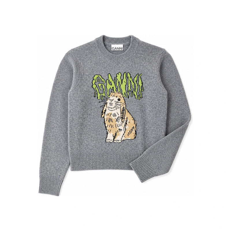 GANNI Rabbit Jacquard Crewneck Knit Sweater K2502 523