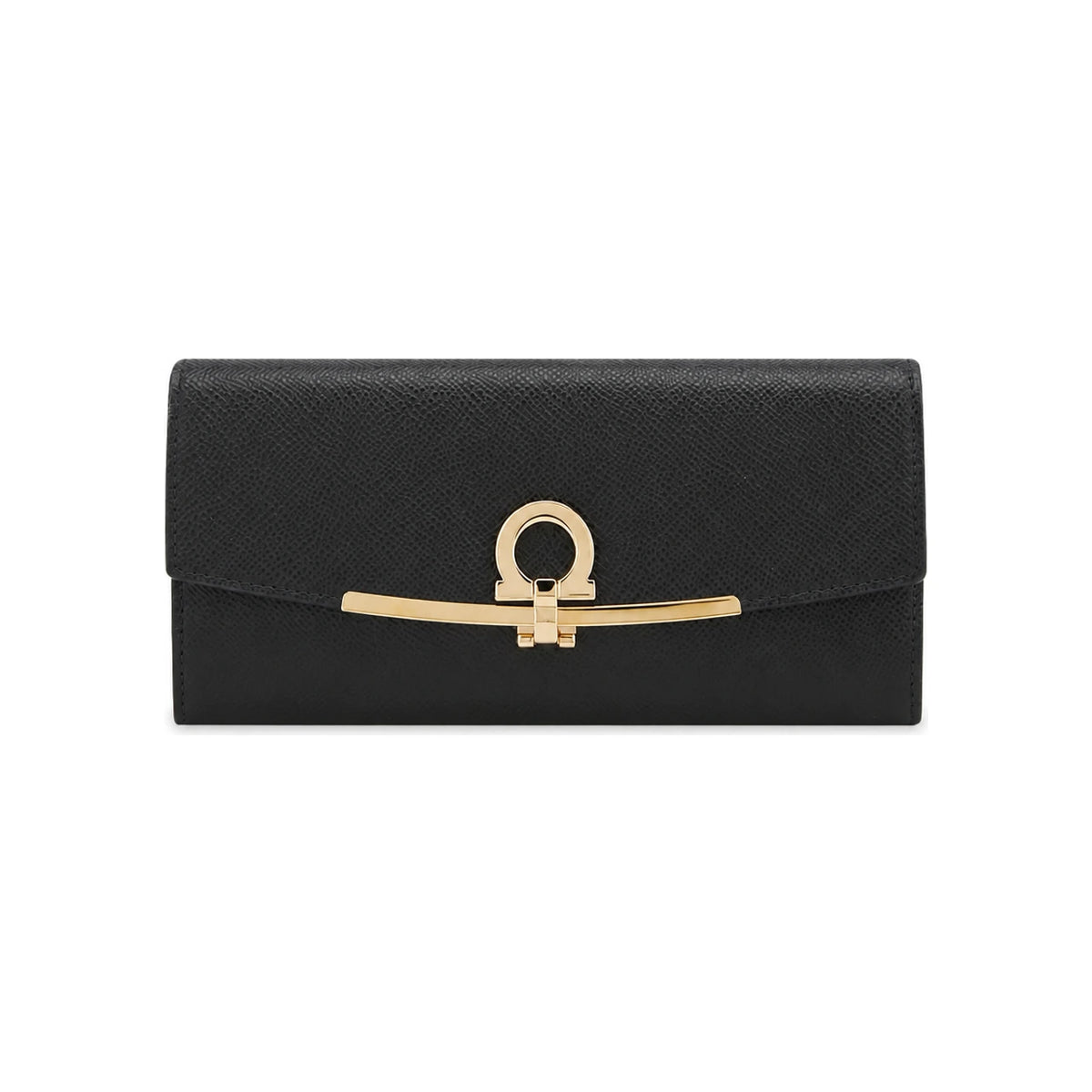 Ferragamo Gancini Leather Long Wallet Unisex Black