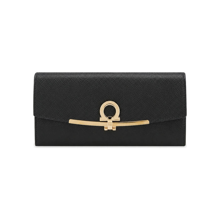 Ferragamo Gancini Leather Long Wallet Unisex Black