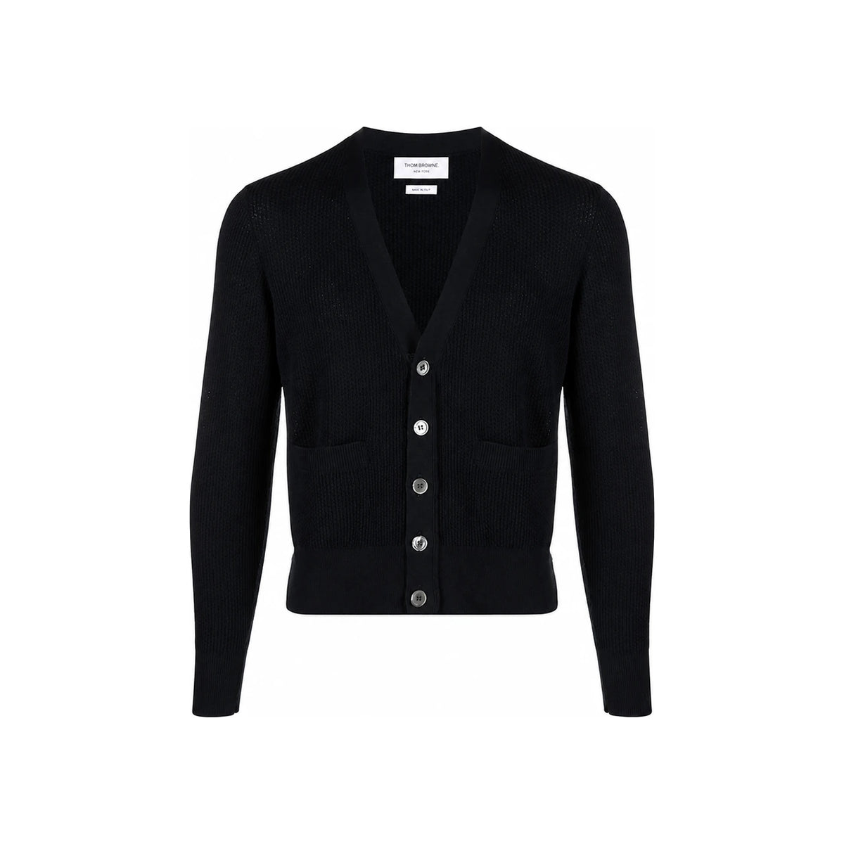 THOM BROWNE Wool Crepe 4-Bar Relaxed Fit Cardigan Navy