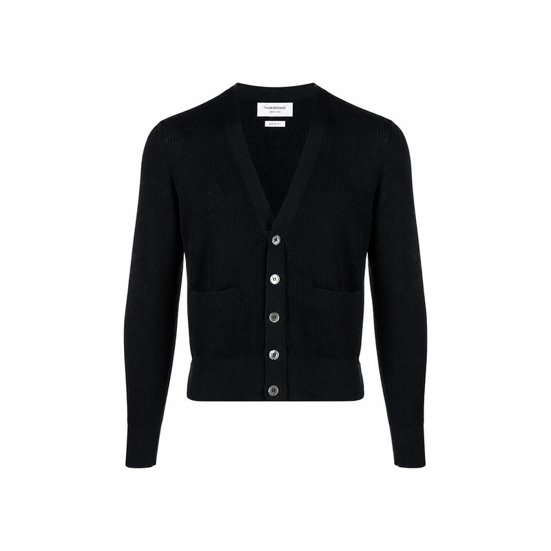 THOM BROWNE Wool Crepe 4-Bar Relaxed Fit Cardigan Navy