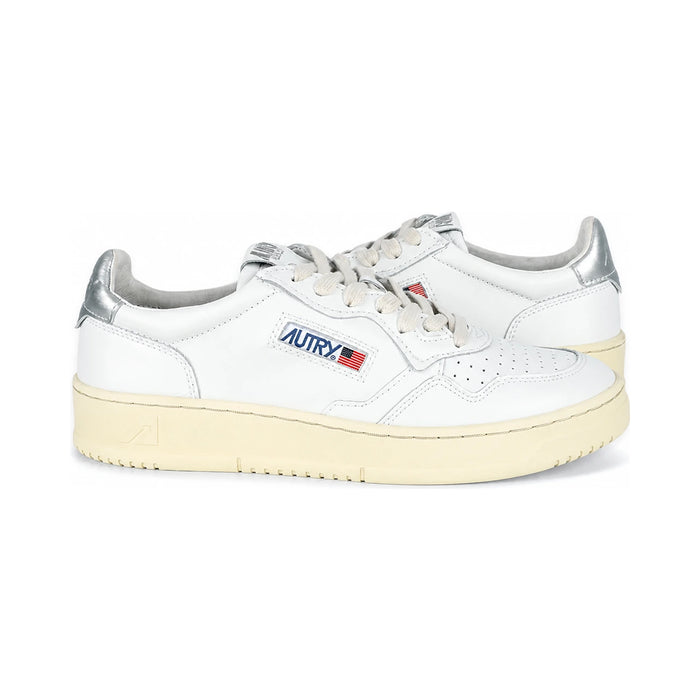 AUTRY Men’s Medalist Leather Low-Top Sneakers White Silver Tab