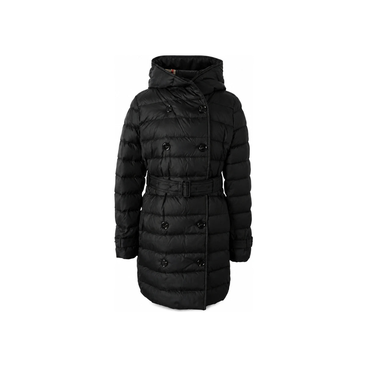 BURBERRY Black Whitley Belted Hooded Half Puffer Jacket