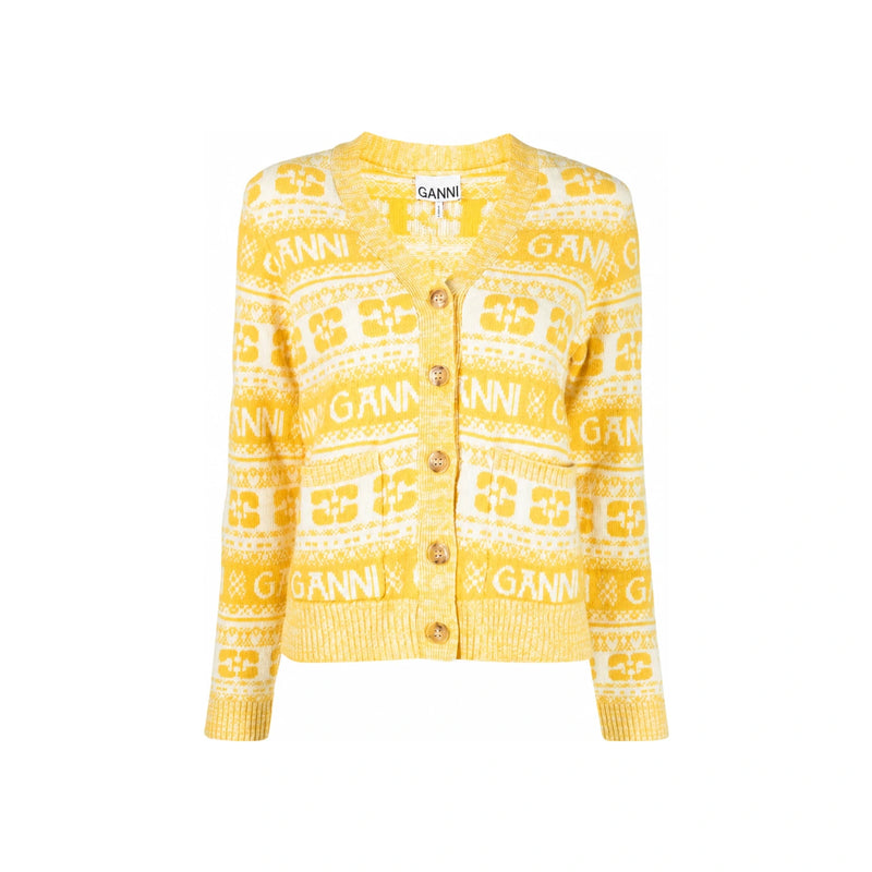 GANNI Women’s Logo Wool V-Neck Cardigan Yellow
