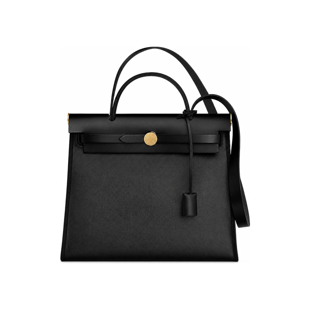HERMES Herbag 31 Zip Sellier Canvas Shoulder Bag Black Gold Hardware