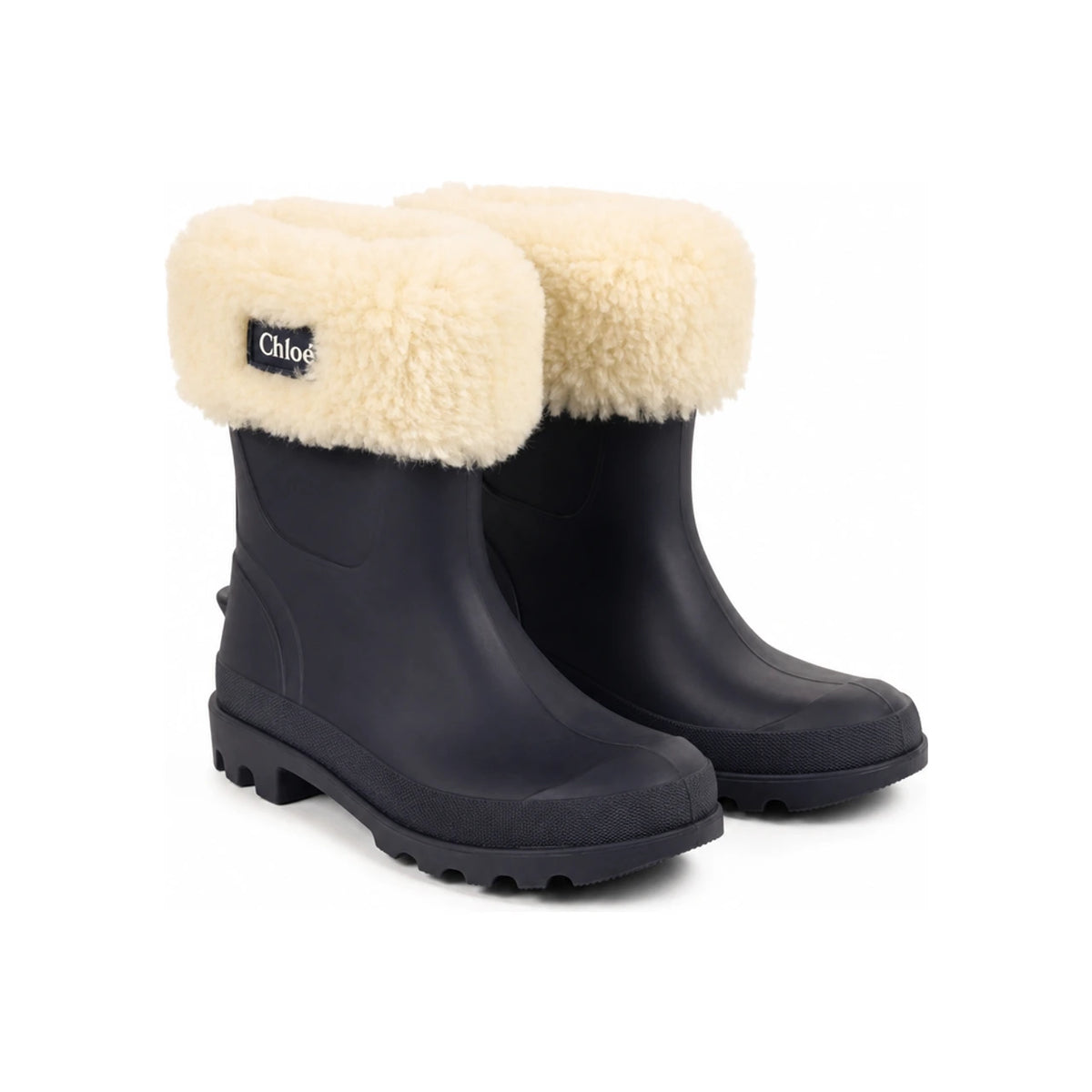 Chloe Logo Faux Fur Rain Ankle Boots Blue Women
