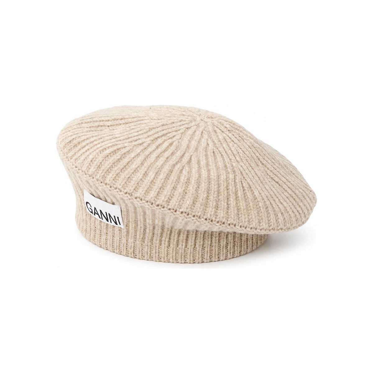 GANNI Logo Label Loose Wool Rib Knit Beret