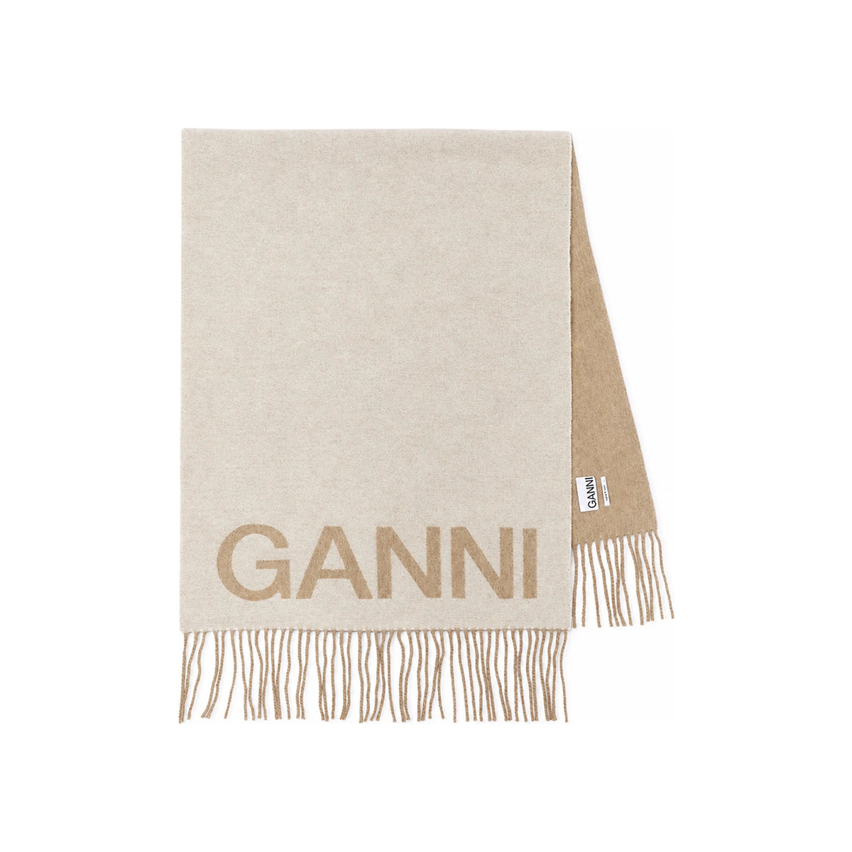 GANNI Intarsia Logo Wool Fringe Scarf A3909 135