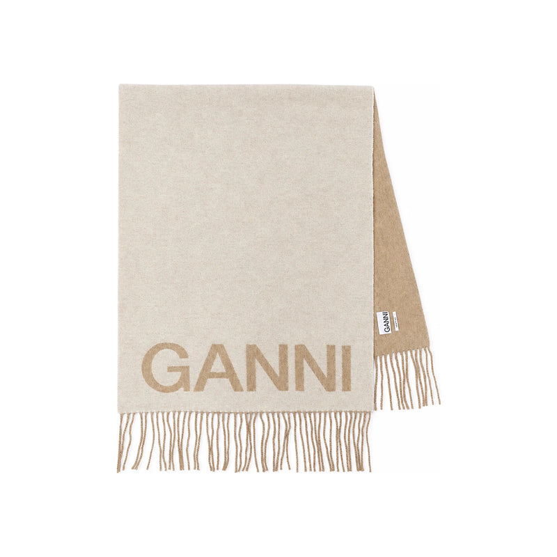 GANNI Intarsia Logo Wool Fringe Scarf A3909 135