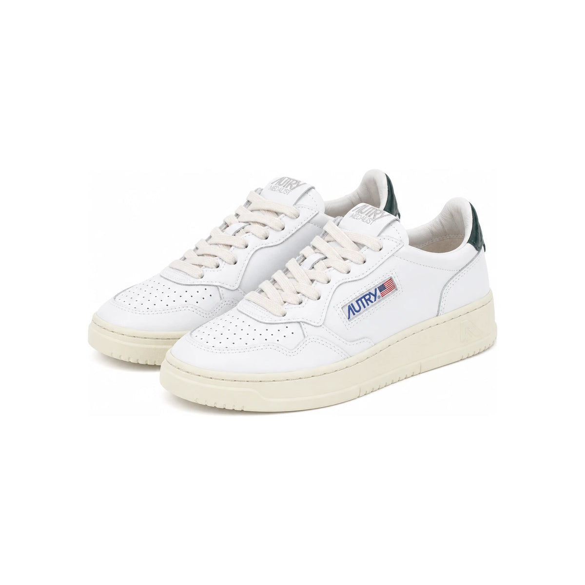 AUTRY White/Dark Green Tab Low-Top Leather Sneakers