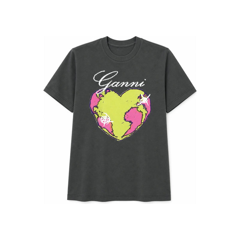 GANNI Heart Logo Graphic Print Short Sleeve T-Shirt Gray Yellow T3770 490
