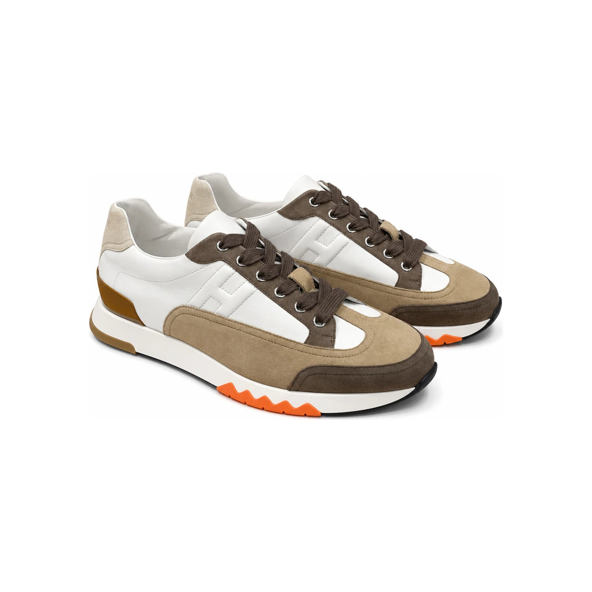 HERMES Men’s Trail Sneakers Calfskin White Brown Low-Top