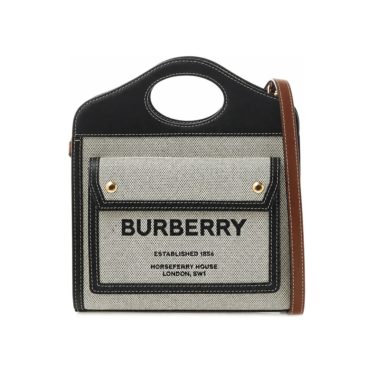 BURBERRY Black Tan Logo Mini Triton Pocket Tote Bag