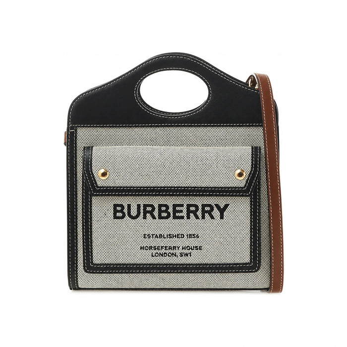 BURBERRY Black Tan Logo Mini Triton Pocket Tote Bag
