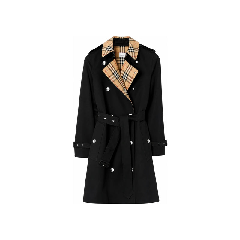 BURBERRY Check Collar Long Trench Coat Black Women