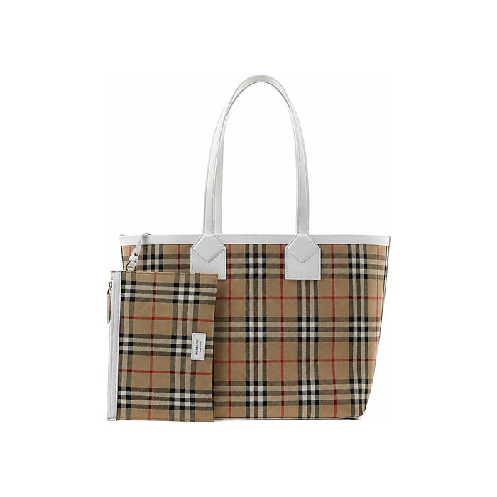 BURBERRY Medium London Tote Bag Beige Canvas Leather Trim
