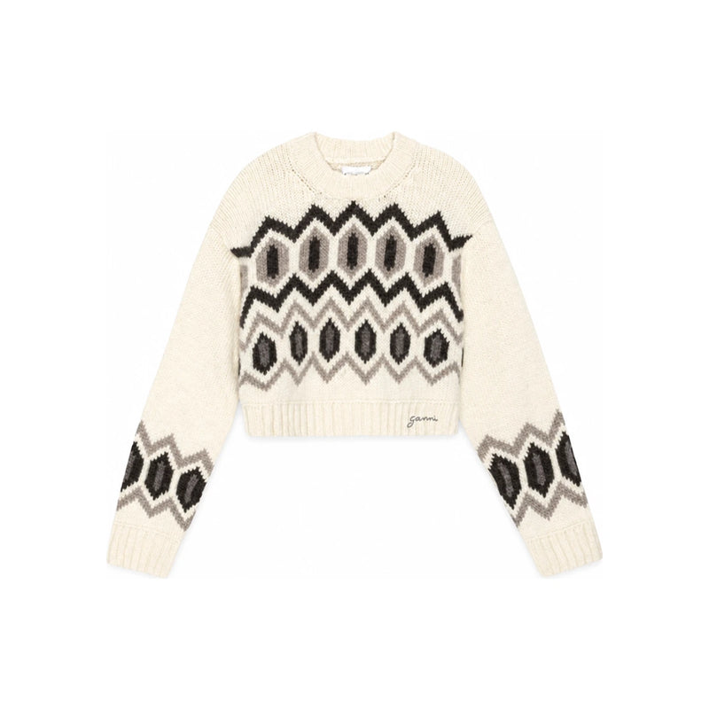 GANNI Beige Chunky Cropped Wool Sweater
