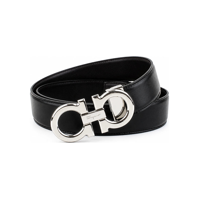 Ferragamo Men's Double Gancini Reversible Belt with Ruthenium Finish 35mm