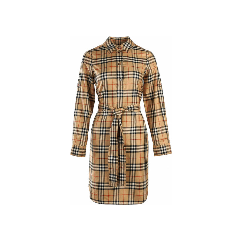 BURBERRY Check Cotton Waist Shirt Dress Long Sleeve