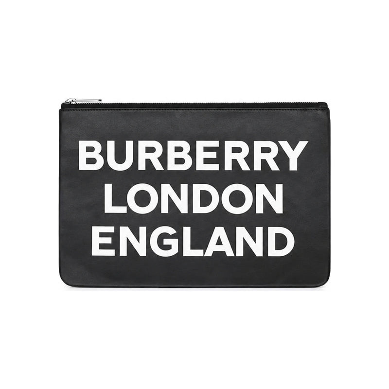 BURBERRY Black Leather London Lettering Logo Clutch Bag