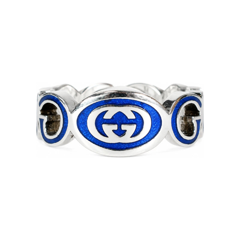 GUCCI Interlocking G Ring Silver Blue Enamel Ring 753640