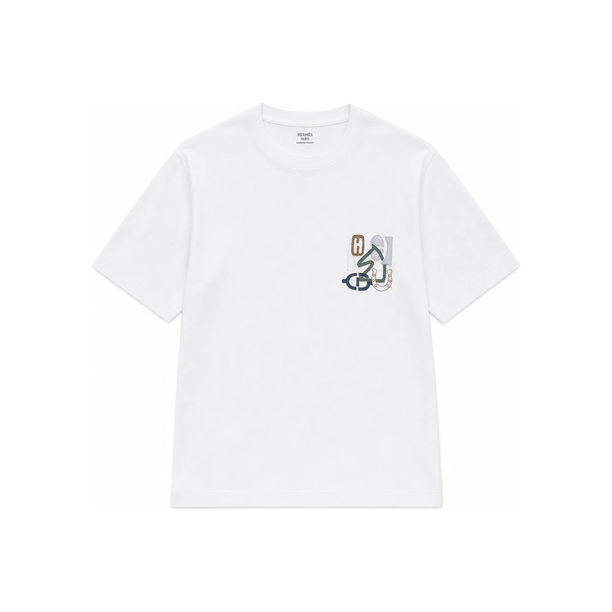 HERMES Men H Puzzle Lambskin Detail Cotton Crewneck T-Shirt White