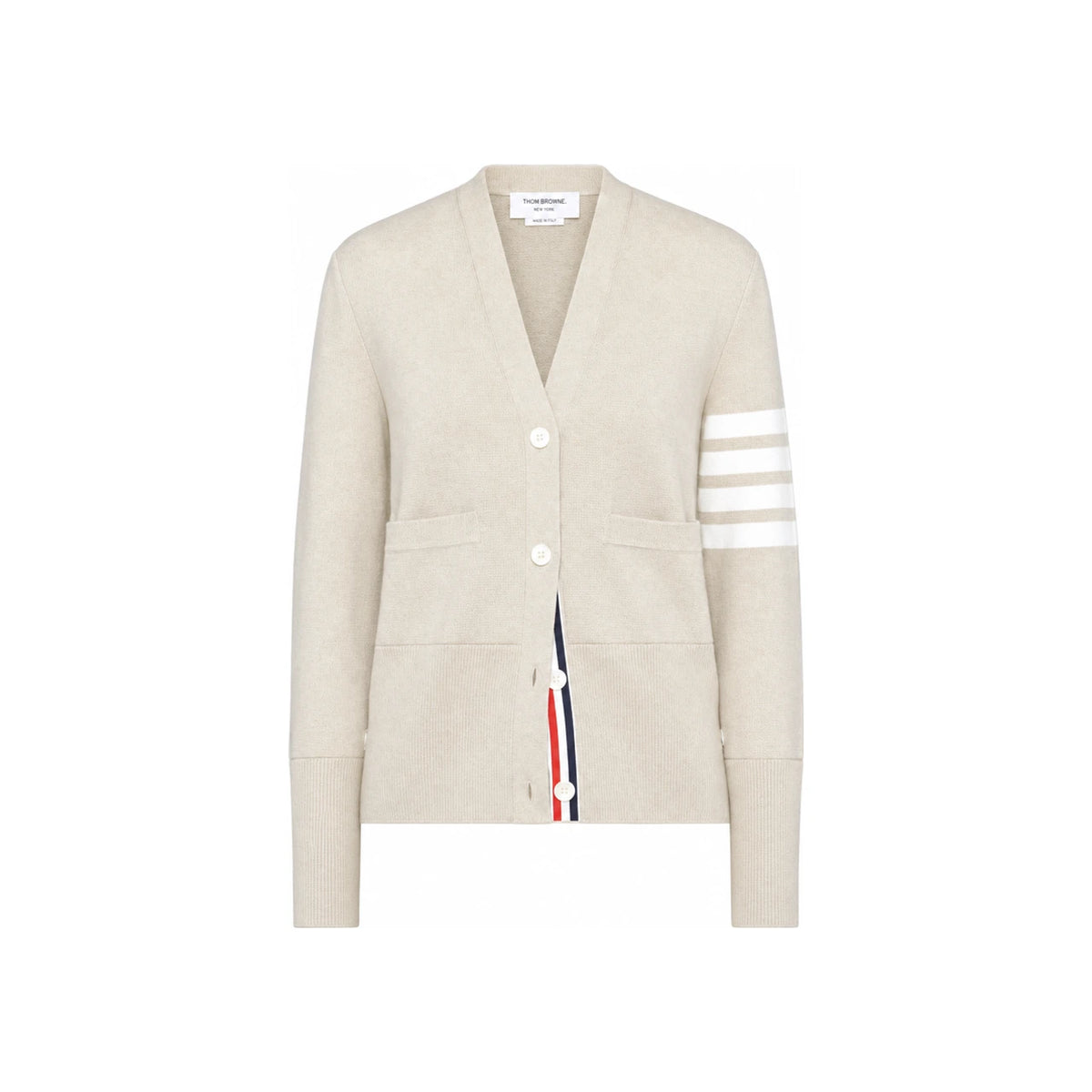 THOM BROWNE Women’s 4-Bar V-Neck Wool Cardigan White