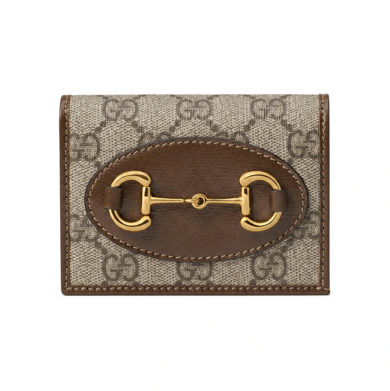 GUCCI Horsebit 1955 Beige Ancora Red Leather Card Case Wallet 621887