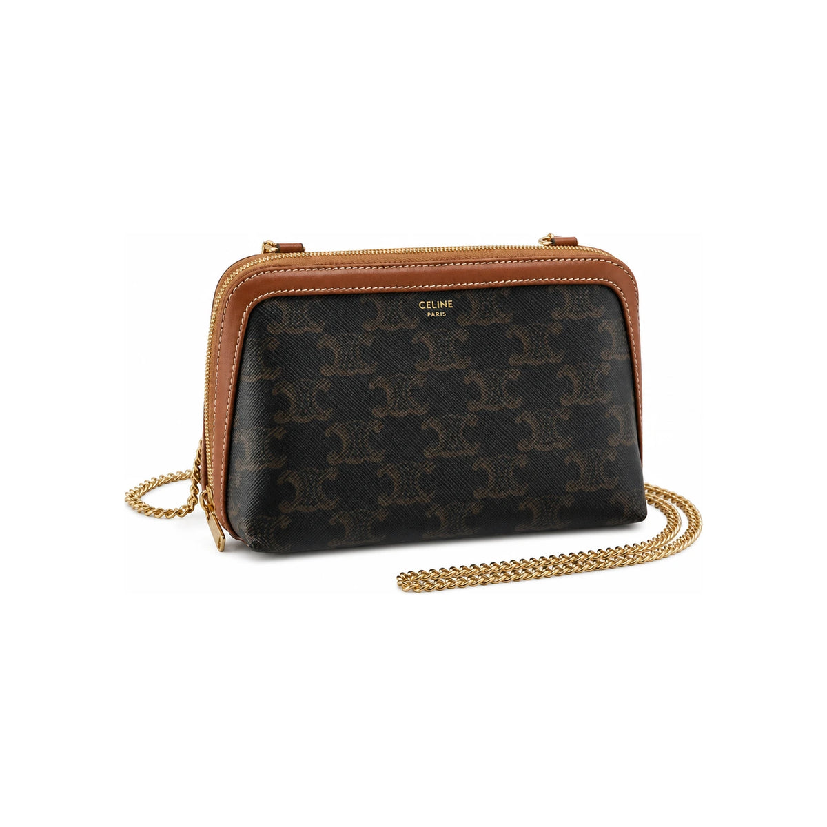 CELINE Tan Triomphe Canvas Lambskin Chain Clutch Tote Bag