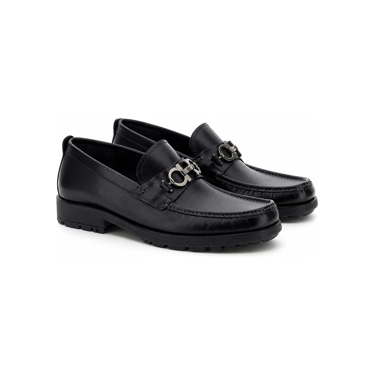 Ferragamo Black Leather David Double Gancini Loafers 0671792