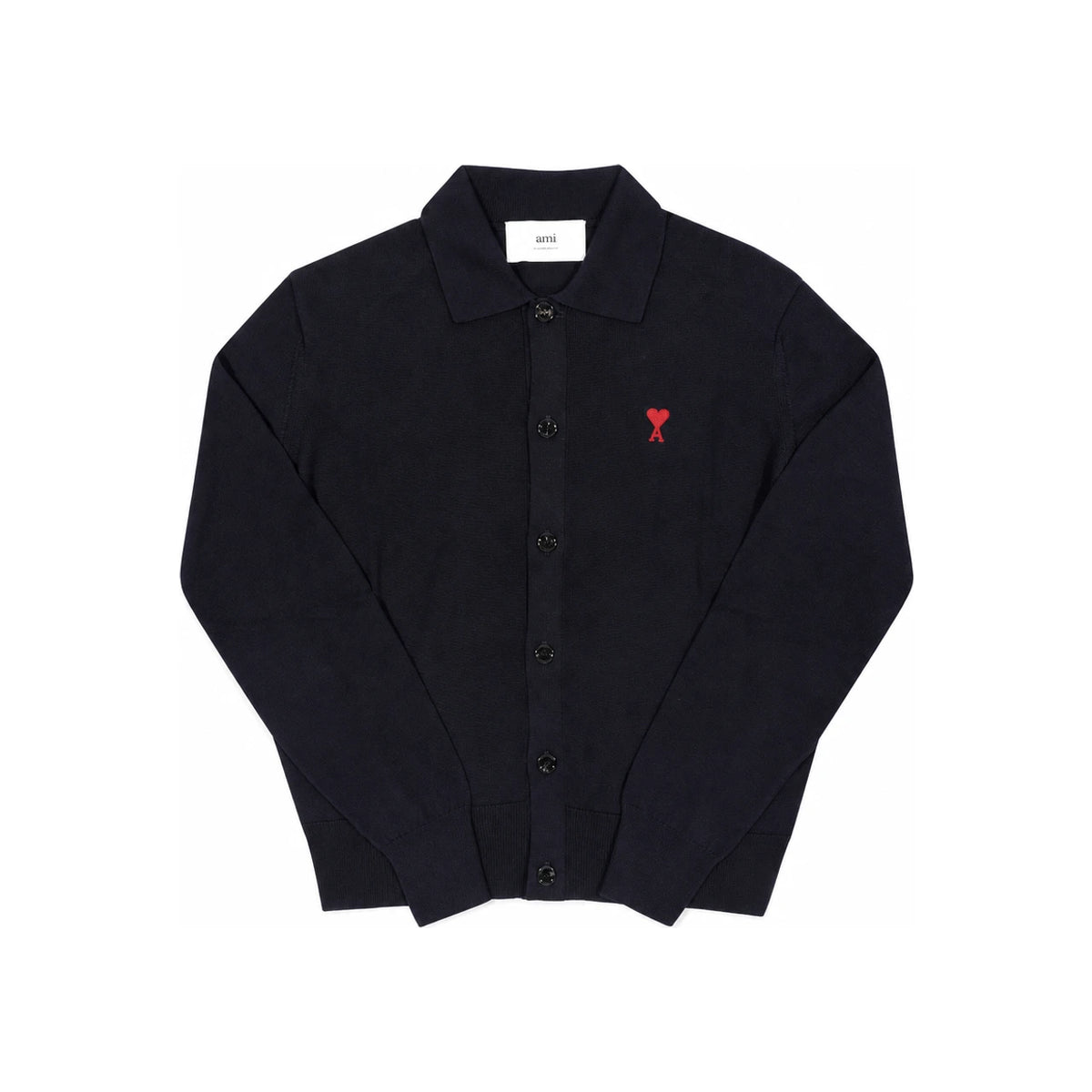 AMI Small Heart Logo Polo Knit Cardigan for Men Navy