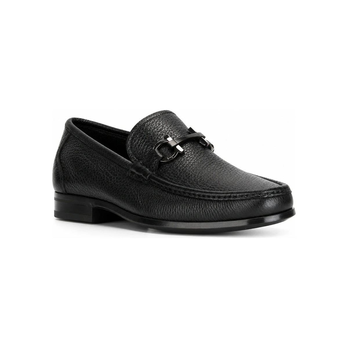 Ferragamo Black Leather Grandioso Double Gancini Loafers Silver-Tone 0642848