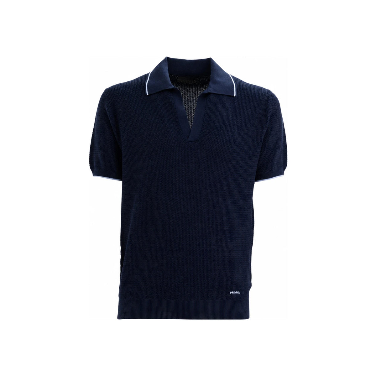 PRADA Navy Silk Cotton Knit Polo Shirt with Embroidered Logo