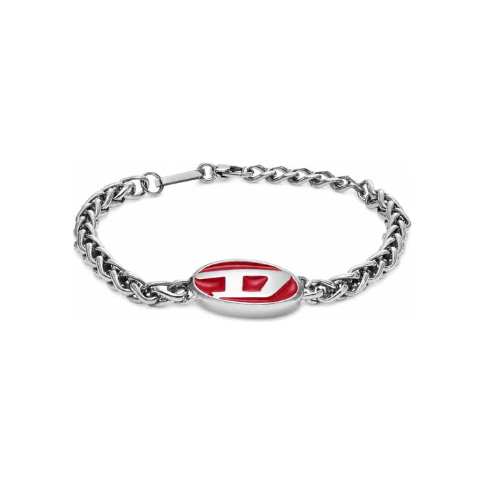 DIESEL Red Enamel Stainless Steel Chain Bracelet Silver
