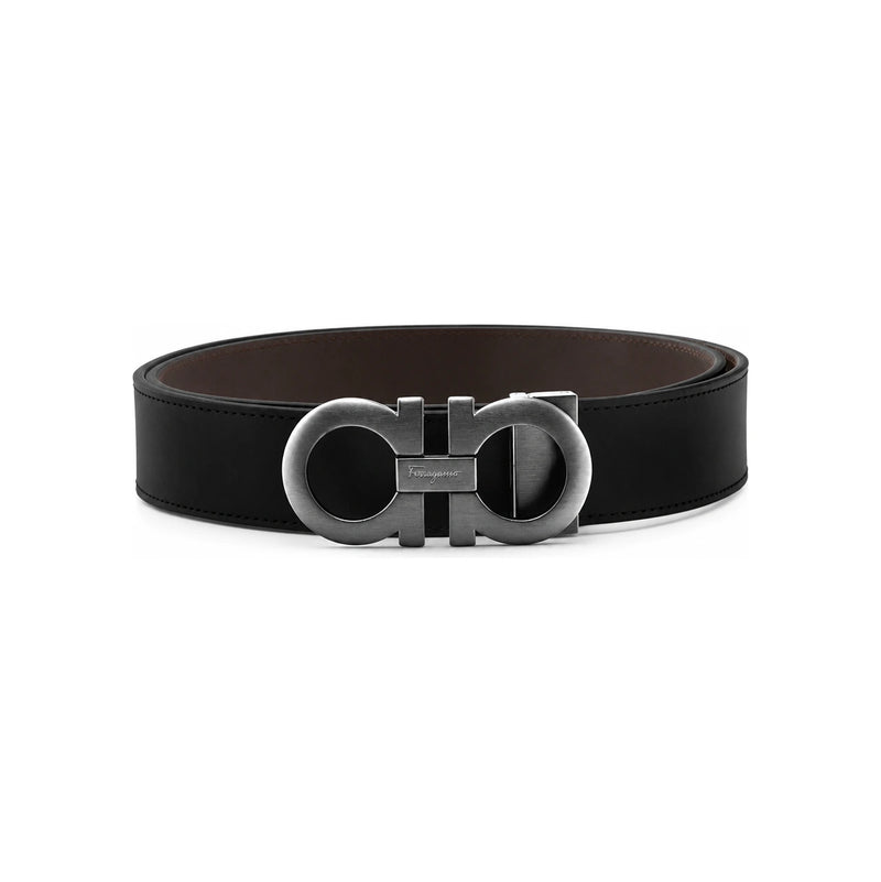 Ferragamo Black Dark Brown Reversible Gancini Leather Belt